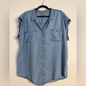 Jacks Girlfriend Woman Top Sz XXL Soft Blue Denim Button Down Palm Tree Print